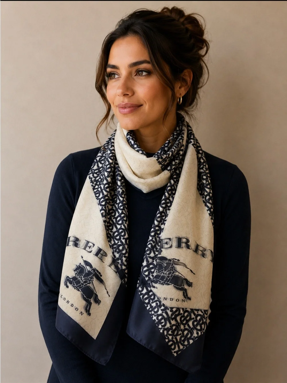 Luxury Cream and Navy Logo Scarf - Designer-Inspired Women’s Accessory